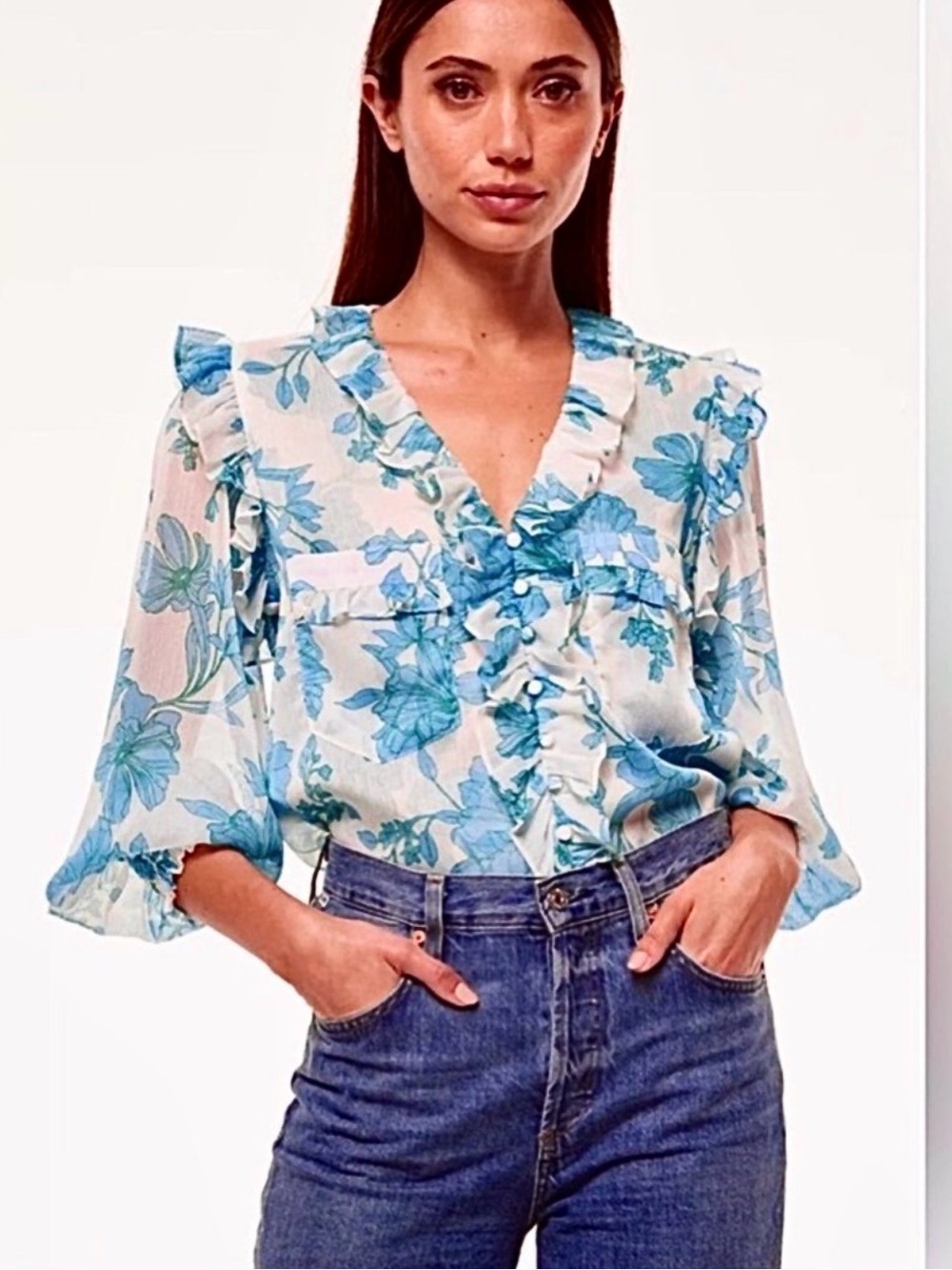Misa Los Angeles Sasha Top  Blue Floral Ruffle Loose Structure longsleeve blouse